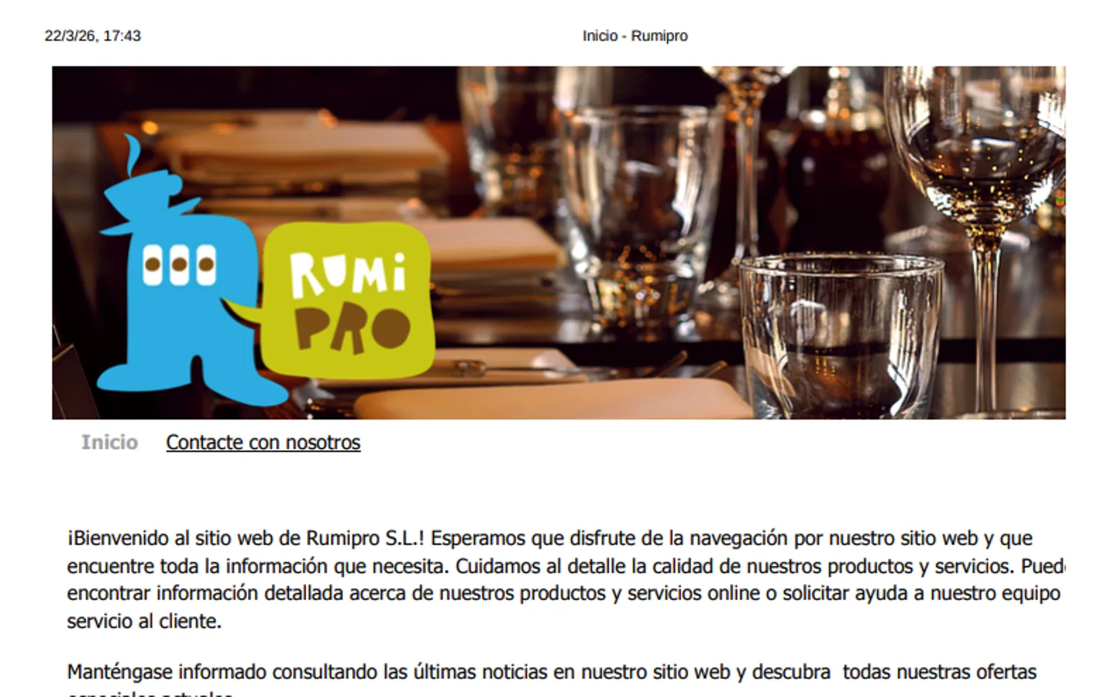 Web anterior de Rumipro: cabecera con logotipo y un texto de bienvenida genérico